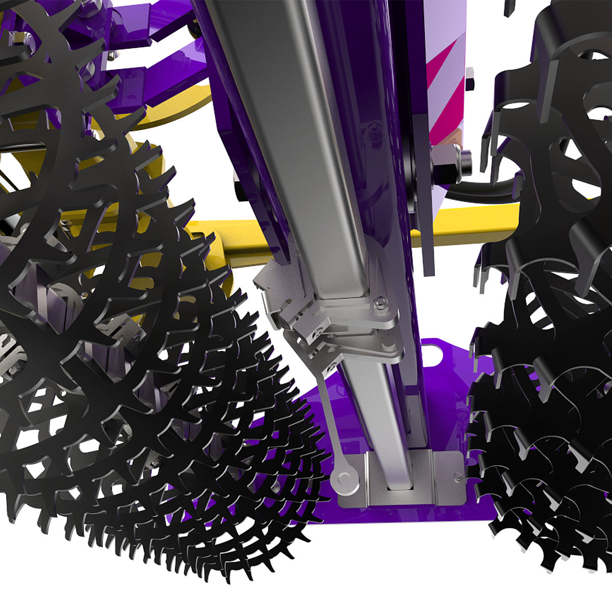 A sensor ensures the exact detection of working depth in the soil. Lateral underside view of a Feldklasse Rukaby