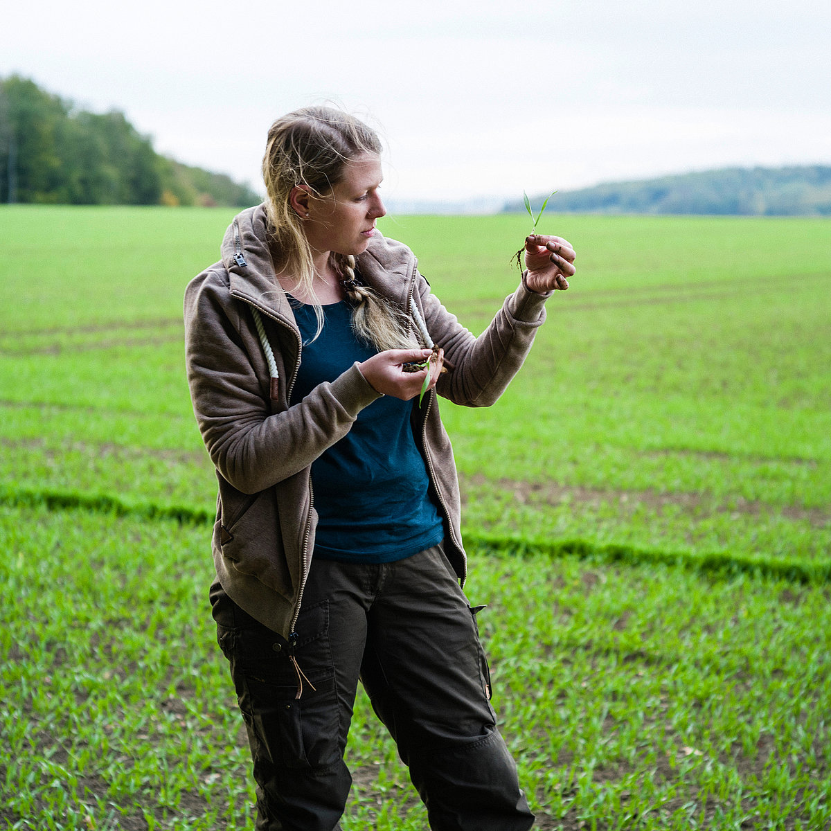 Präzision bei der Unkrautbekämpfung im Beet war noch nie so einfach. Frau steht im Feld und inspiziert ausgehebeltes Unkraut